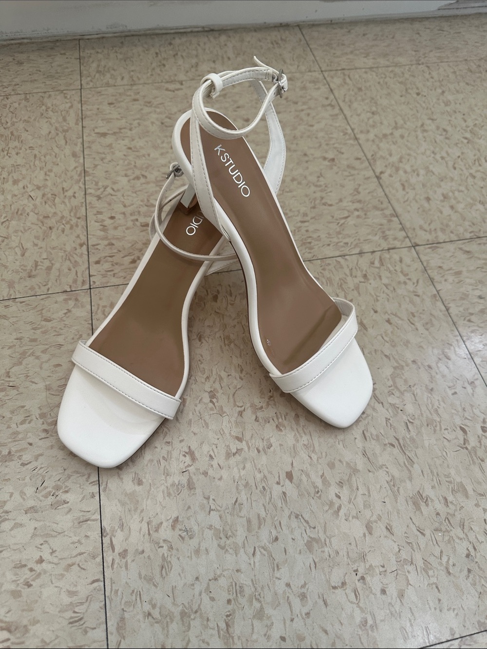 K Studio White Ankle-Strap Square-Toe Block Heels